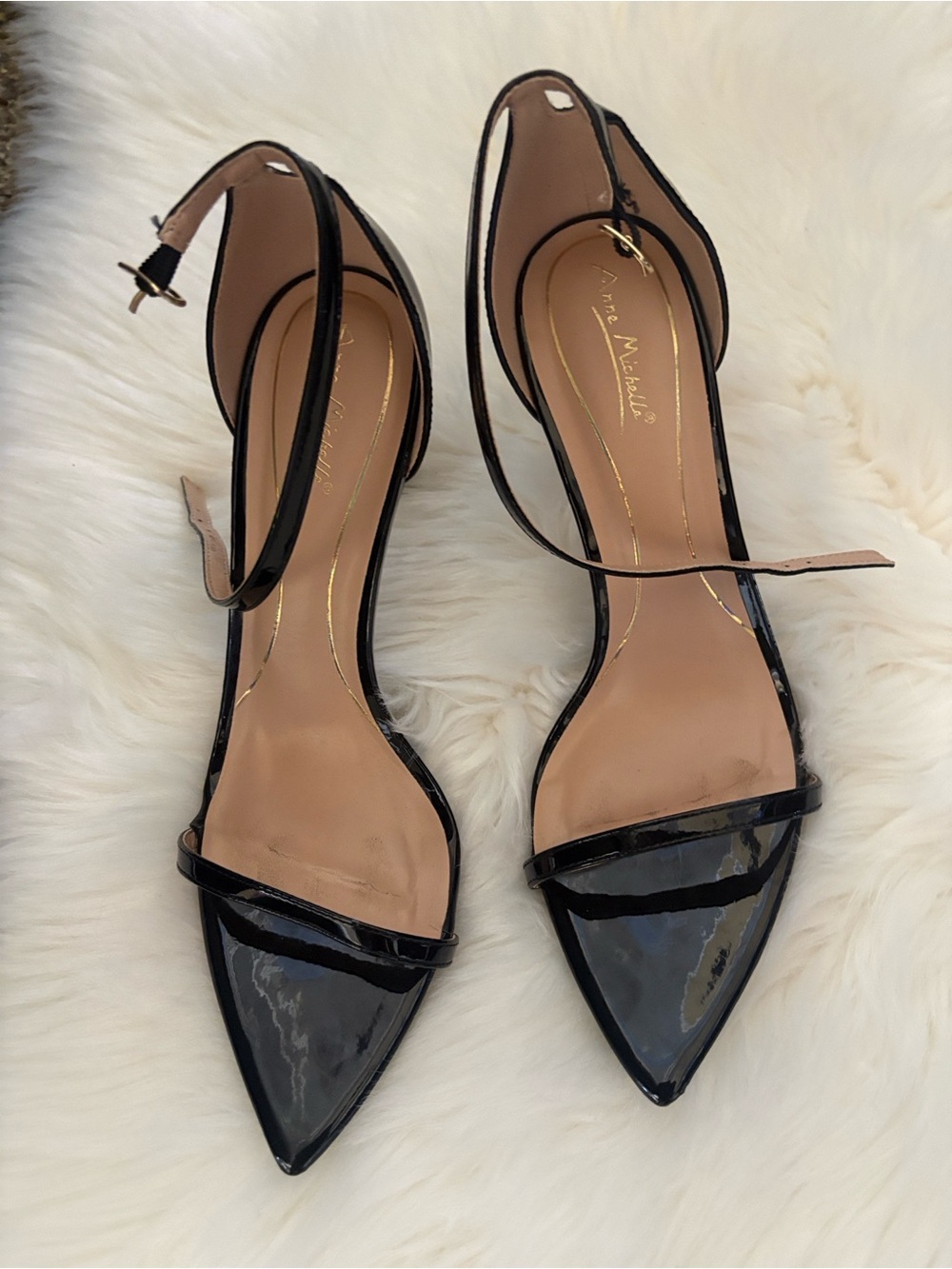 Anne Michelle Black Patent Pointed Stiletto Heels with Ankle Strap